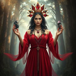 The Goddess of Earth, is portrayed in a dreamlike, mystical style, wearing a deep red colored dress with gracefully flowing sleeves, reflecting the essence of nature's strength and beauty