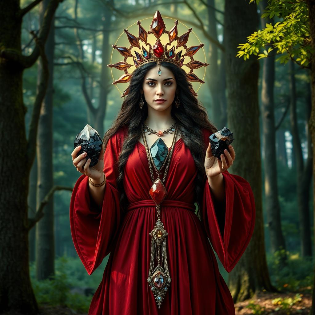 The Goddess of Earth, is portrayed in a dreamlike, mystical style, wearing a deep red colored dress with gracefully flowing sleeves, reflecting the essence of nature's strength and beauty