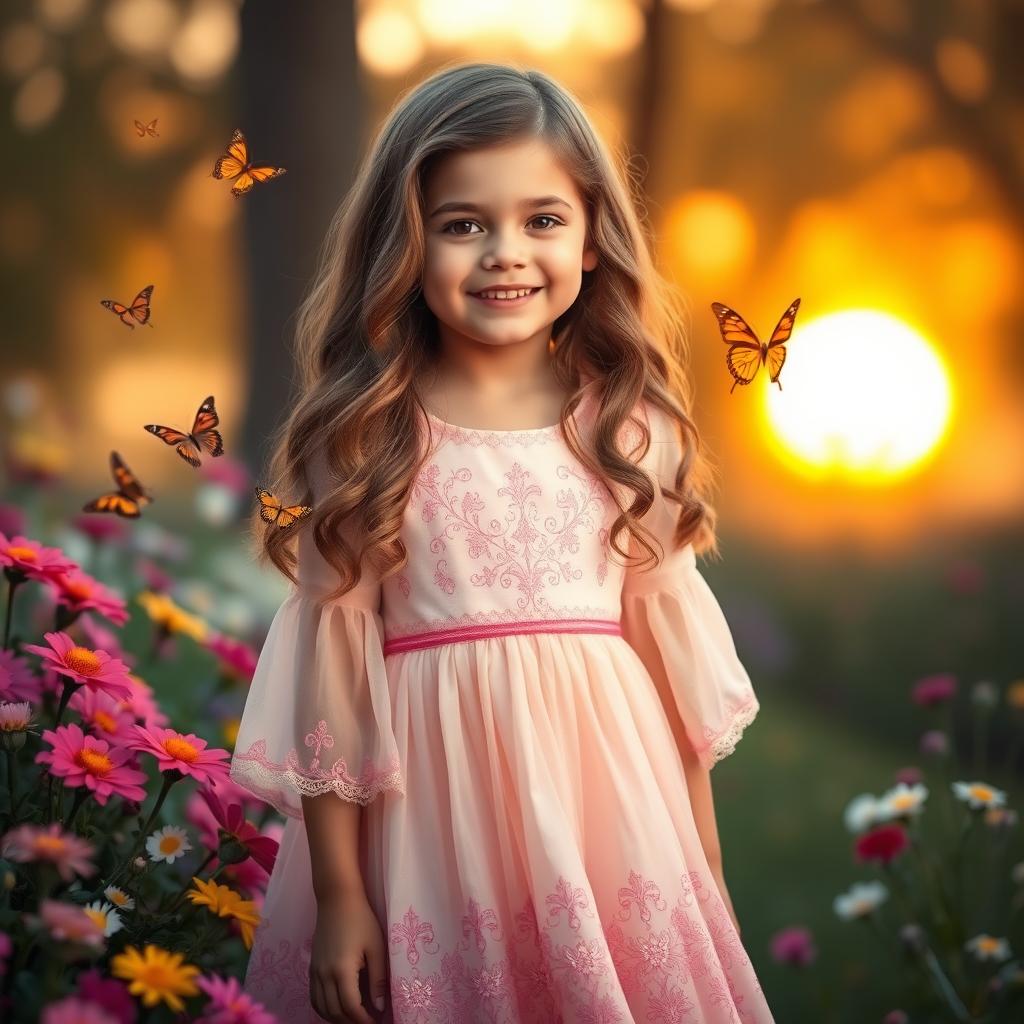 A young girl standing in a serene garden surrounded by colorful flowers and butterflies, wearing a beautiful, flowing pastel dress with intricate embroidery