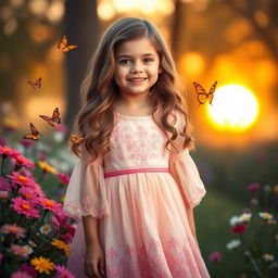 A young girl standing in a serene garden surrounded by colorful flowers and butterflies, wearing a beautiful, flowing pastel dress with intricate embroidery