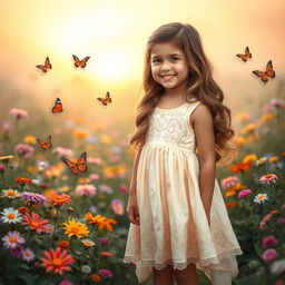 A young girl standing in a serene garden surrounded by colorful flowers and butterflies, wearing a beautiful, flowing pastel dress with intricate embroidery