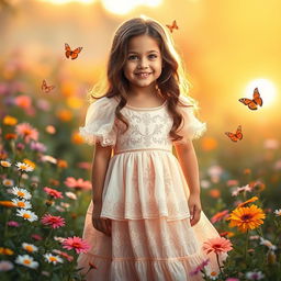 A young girl standing in a serene garden surrounded by colorful flowers and butterflies, wearing a beautiful, flowing pastel dress with intricate embroidery