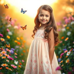 A young girl standing in a serene garden surrounded by colorful flowers and butterflies, wearing a beautiful, flowing pastel dress with intricate embroidery