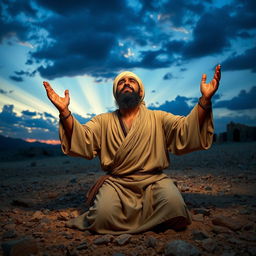 A bearded Muslim man with an ancient look, wearing traditional attire, kneeling on rocky ground in an ancient era setting