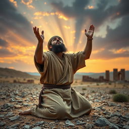 A bearded Muslim man with an ancient look, wearing traditional attire, kneeling on rocky ground in an ancient era setting