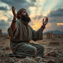 A bearded Muslim man with an ancient look, wearing traditional attire, kneeling on rocky ground in an ancient era setting