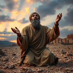 A bearded Muslim man with an ancient look, wearing traditional attire, kneeling on rocky ground in an ancient era setting