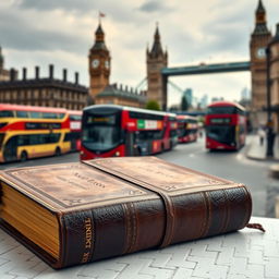 A vintage-style book set against a London backdrop featuring iconic landmarks like the Big Ben and Tower Bridge