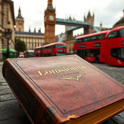 A vintage-style book set against a London backdrop featuring iconic landmarks like the Big Ben and Tower Bridge