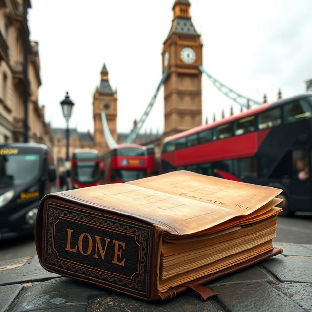 A vintage-style book set against a London backdrop featuring iconic landmarks like the Big Ben and Tower Bridge