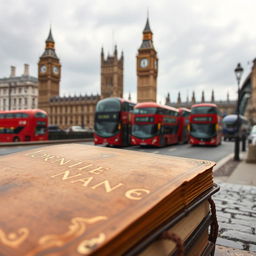 A vintage-style book set against a London backdrop featuring iconic landmarks like the Big Ben and Tower Bridge