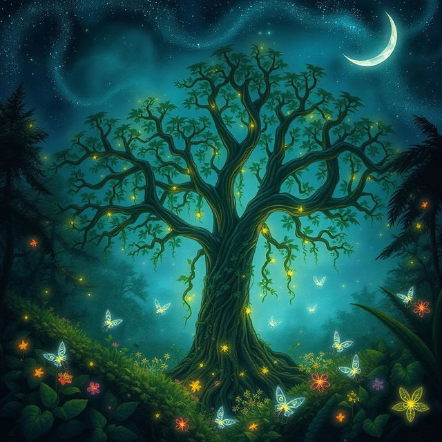 Mystical forest under a starlit night sky, where ethereal creatures dance among glowing flora