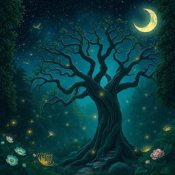 Mystical forest under a starlit night sky, where ethereal creatures dance among glowing flora