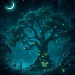 Mystical forest under a starlit night sky, where ethereal creatures dance among glowing flora