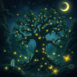 Mystical forest under a starlit night sky, where ethereal creatures dance among glowing flora