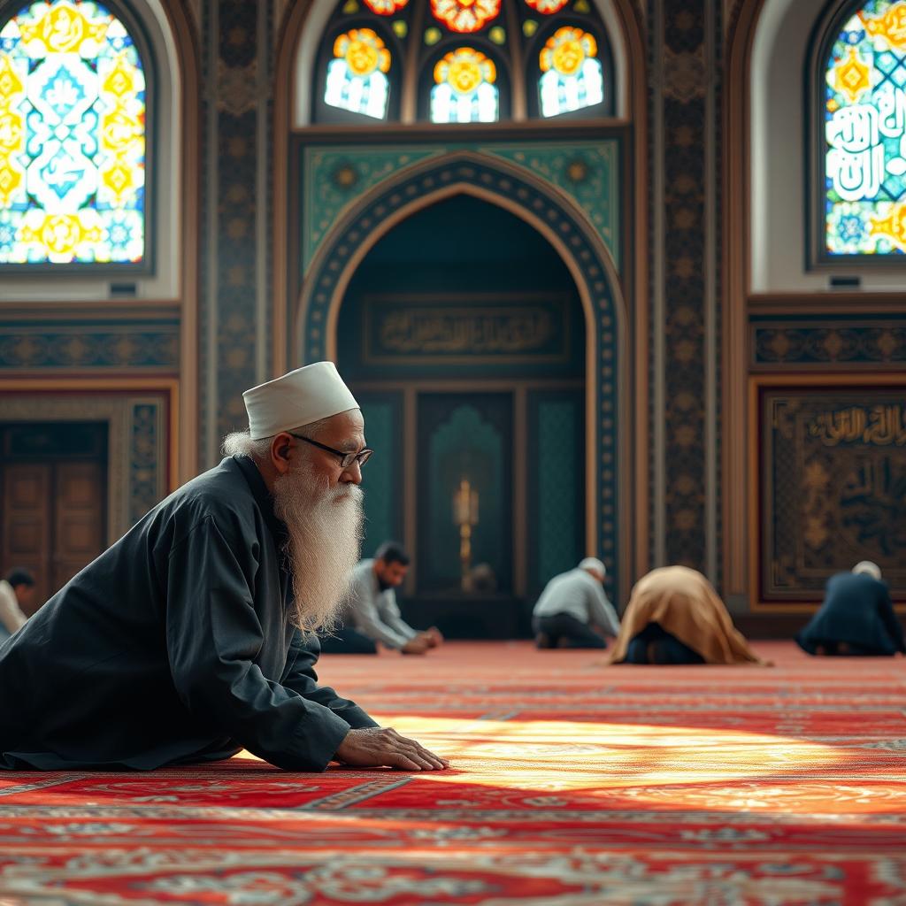 an elderly Muslim man with a full, grey beard, dressed in traditional attire, prostrating in a serene mosque setting