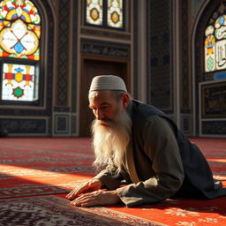 an elderly Muslim man with a full, grey beard, dressed in traditional attire, prostrating in a serene mosque setting