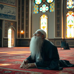 an elderly Muslim man with a full, grey beard, dressed in traditional attire, prostrating in a serene mosque setting