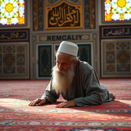 an elderly Muslim man with a full, grey beard, dressed in traditional attire, prostrating in a serene mosque setting