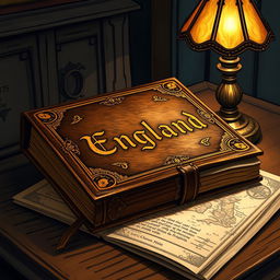 A richly detailed illustration of an ancient, ornate leather-bound book titled "England"