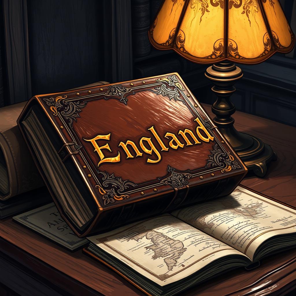 A richly detailed illustration of an ancient, ornate leather-bound book titled "England"