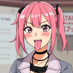 Anime waifu with pink pigtails sticking her tongue out playfully