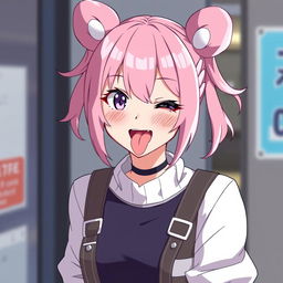 Anime waifu with pink pigtails sticking her tongue out playfully