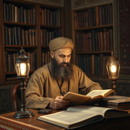 A bearded Muslim man dressed in traditional old-fashioned clothing is deeply immersed in studying, surrounded by ancient texts and a warm, cozy ambiance