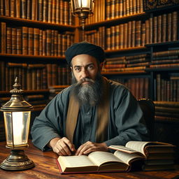 A bearded Muslim man dressed in traditional old-fashioned clothing is deeply immersed in studying, surrounded by ancient texts and a warm, cozy ambiance