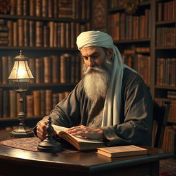 A bearded Muslim man dressed in traditional old-fashioned clothing is deeply immersed in studying, surrounded by ancient texts and a warm, cozy ambiance