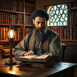 A bearded Muslim man dressed in traditional old-fashioned clothing is deeply immersed in studying, surrounded by ancient texts and a warm, cozy ambiance