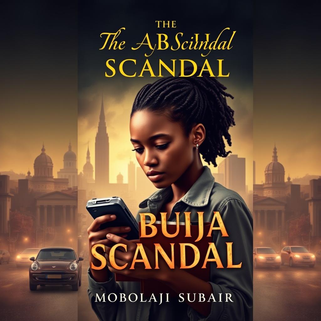 A captivating book cover design depicting a real human character representing Kemi, a young, determined female journalist engrossed in her task