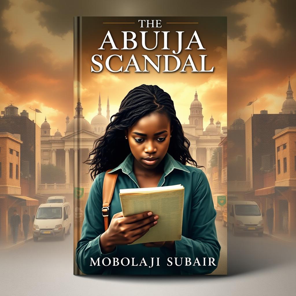 A captivating book cover design depicting a real human character representing Kemi, a young, determined female journalist engrossed in her task