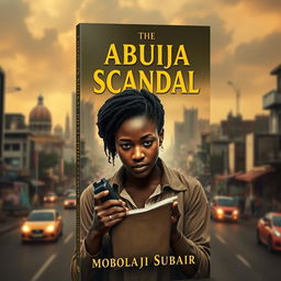 A captivating book cover design depicting a real human character representing Kemi, a young, determined female journalist engrossed in her task