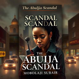 A captivating book cover design depicting a real human character representing Kemi, a young, determined female journalist engrossed in her task