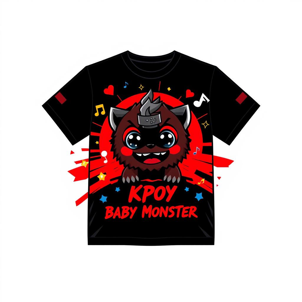 Design of a T-shirt or jersey featuring the theme "Kpop Baby Monster" that complements a black and red color scheme