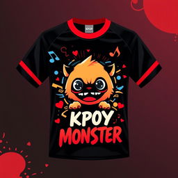 Design of a T-shirt or jersey featuring the theme "Kpop Baby Monster" that complements a black and red color scheme