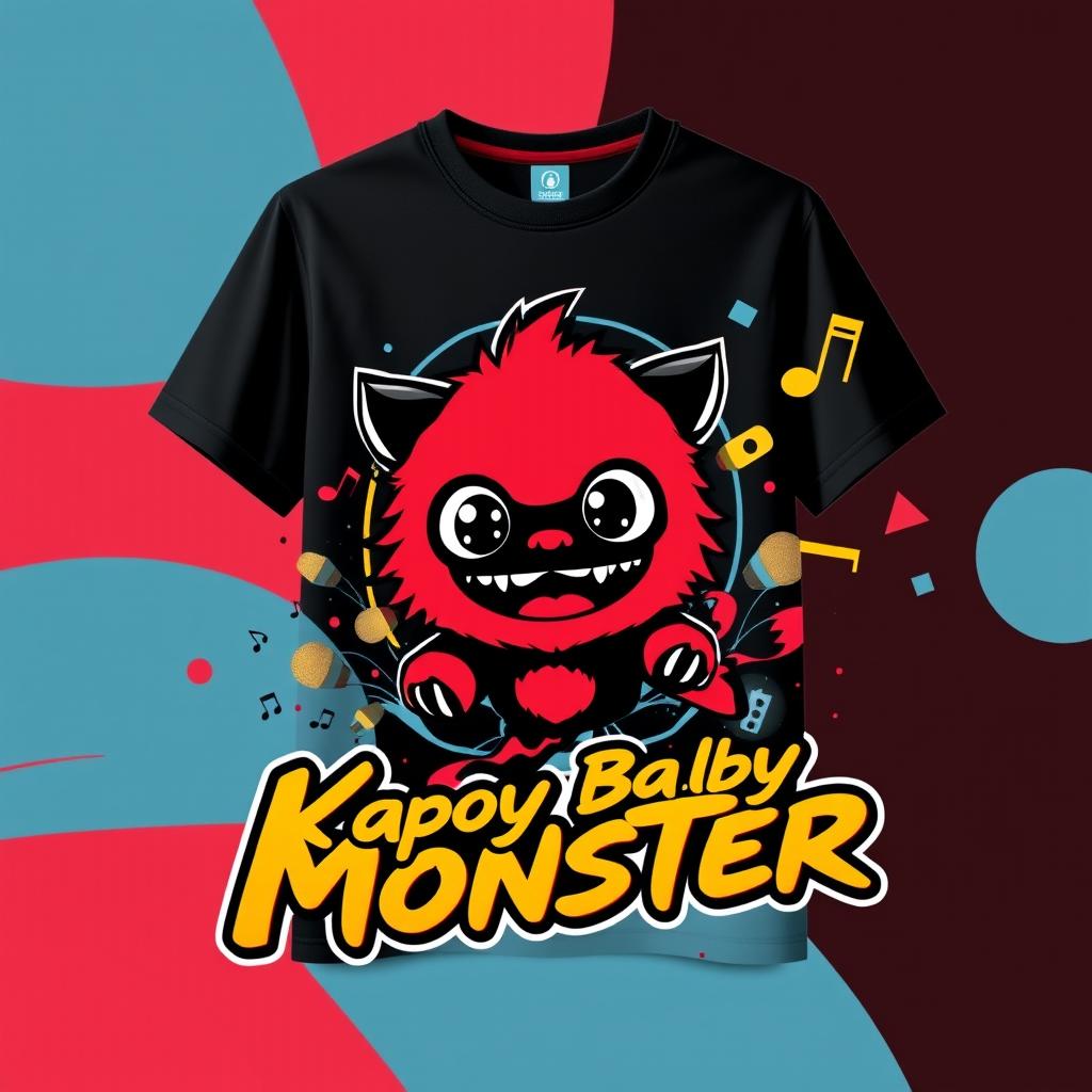 Design of a T-shirt or jersey featuring the theme "Kpop Baby Monster" that complements a black and red color scheme