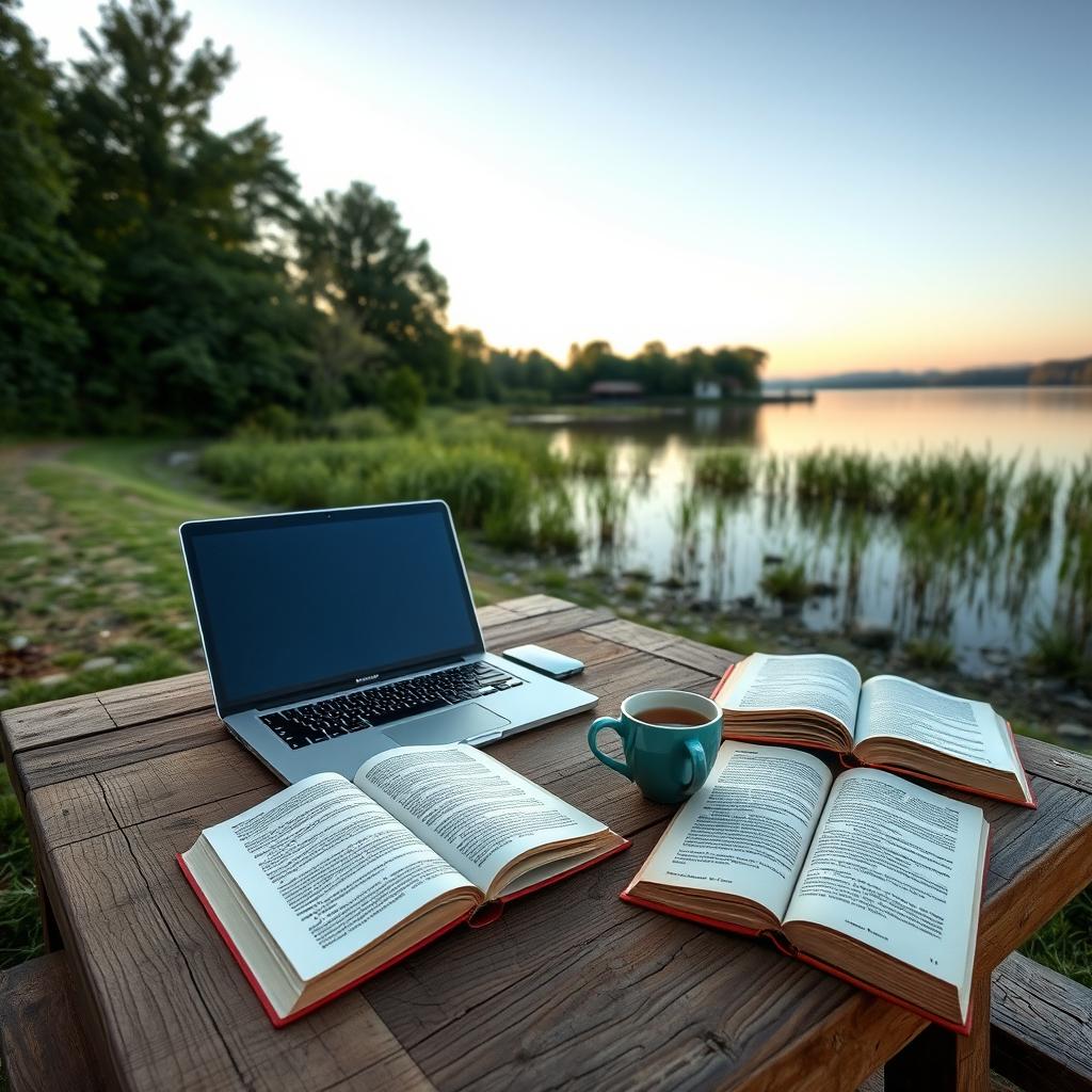 A serene outdoor workspace set by a tranquil lake, featuring a rustic wooden desk with an open laptop, a steaming cup of tea, and open books on productivity and well-being