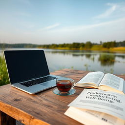 A serene outdoor workspace set by a tranquil lake, featuring a rustic wooden desk with an open laptop, a steaming cup of tea, and open books on productivity and well-being