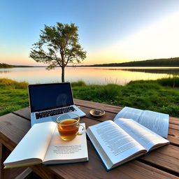 A serene outdoor workspace set by a tranquil lake, featuring a rustic wooden desk with an open laptop, a steaming cup of tea, and open books on productivity and well-being