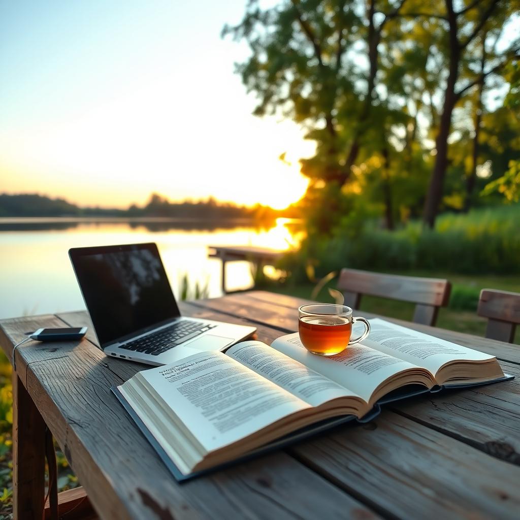 A serene outdoor workspace set by a tranquil lake, featuring a rustic wooden desk with an open laptop, a steaming cup of tea, and open books on productivity and well-being