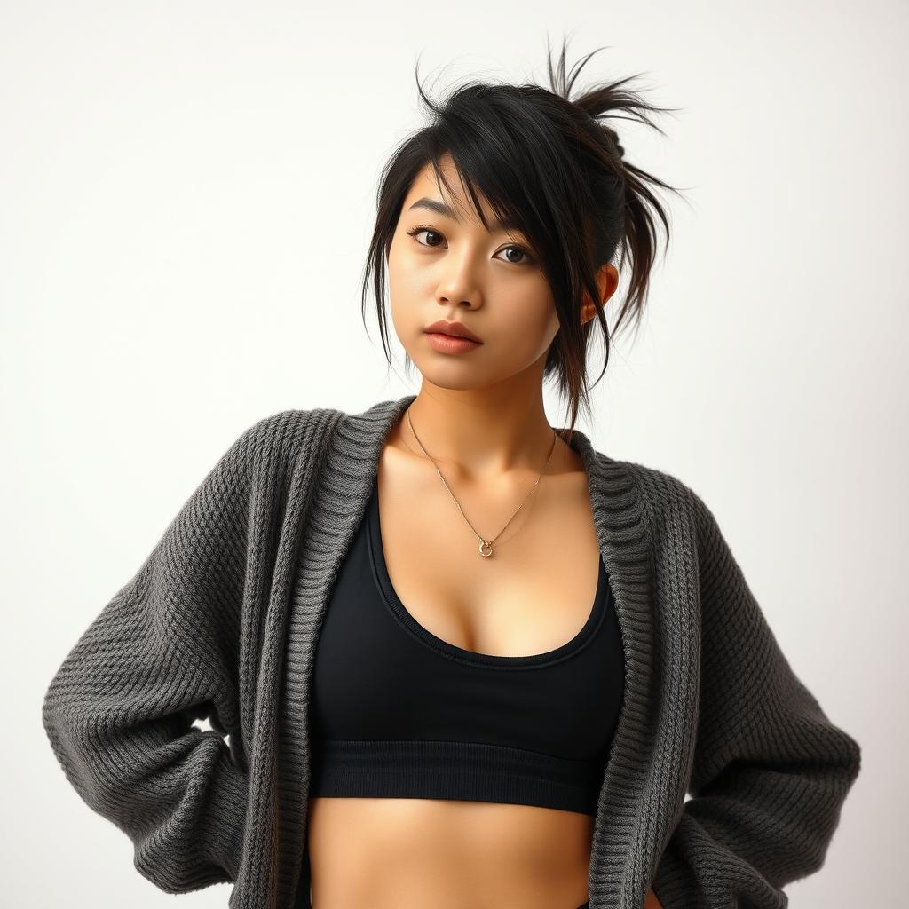 a young Asian woman with a messy mullet hairstyle, wearing an open sweater revealing a black and grey sports bra underneath