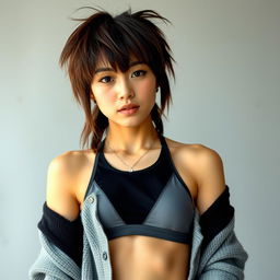 a young Asian woman with a messy mullet hairstyle, wearing an open sweater revealing a black and grey sports bra underneath