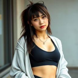 a young Asian woman with a messy mullet hairstyle, wearing an open sweater revealing a black and grey sports bra underneath