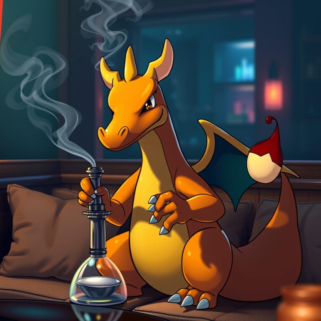 A Charizard holding a hookah, exuding a relaxed and laid-back demeanor