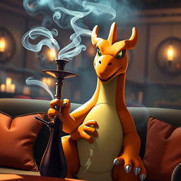 A Charizard holding a hookah, exuding a relaxed and laid-back demeanor