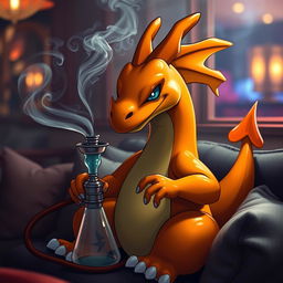 A Charizard holding a hookah, exuding a relaxed and laid-back demeanor