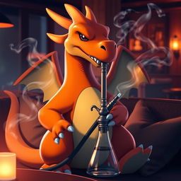 A Charizard holding a hookah, exuding a relaxed and laid-back demeanor