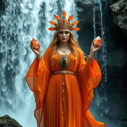 The Goddess of Water is depicted in a magical, otherworldly style, wearing a deep orange colored dress with beautifully flowing sleeves that mimic the gentle movement of water